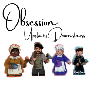 Premium sticker set for Obsession: Upstairs, Downstairs featuring intricate designs to enhance gameplay, displayed against a Victorian-themed backdrop.