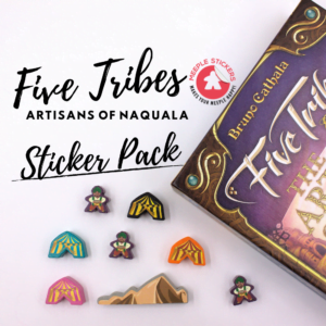 "Colorful Five Tribes game sticker pack showing detailed desert and character themes