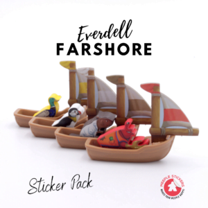 High-quality Farshore game stickers by Meeplestickers displayed on meeples.