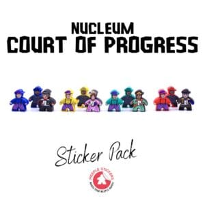 Custom stickers designed for Nucleum - Court of Progress meeples, adding vibrant personality to the game